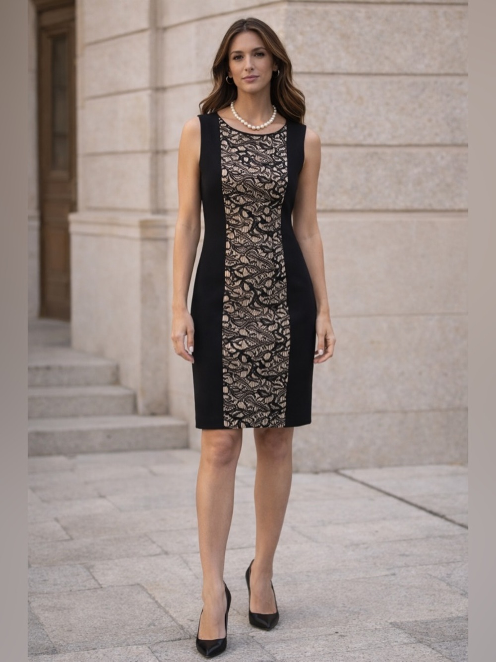 Slimming lace panel sheath dress • Office to Cocktail chic 🖤 Elegant black nude